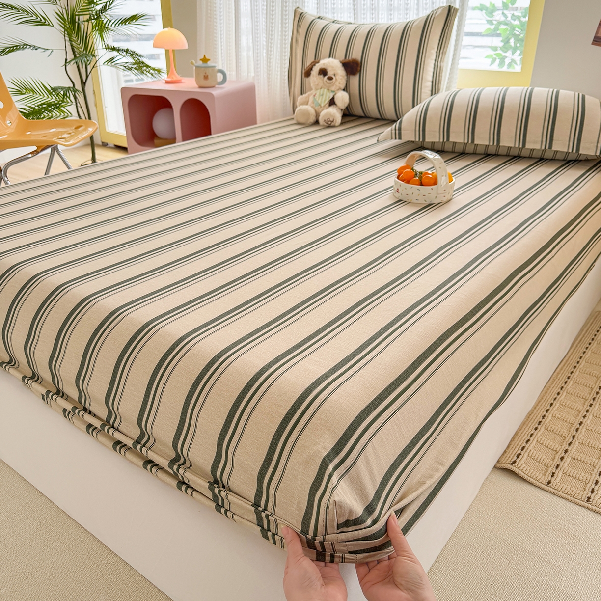 91家纺网 家纺一手货源 找家纺 壹贝家纺 2026新款全棉印花床笠系列 条纹