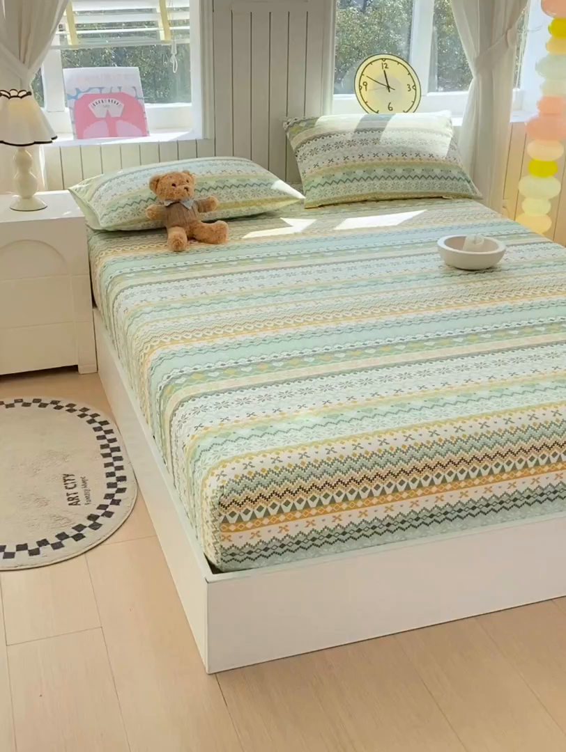 91家纺网 家纺一手货源 找家纺 金鑫汇家纺 2026新款全棉老粗布单品床笠系列 星辰-绿