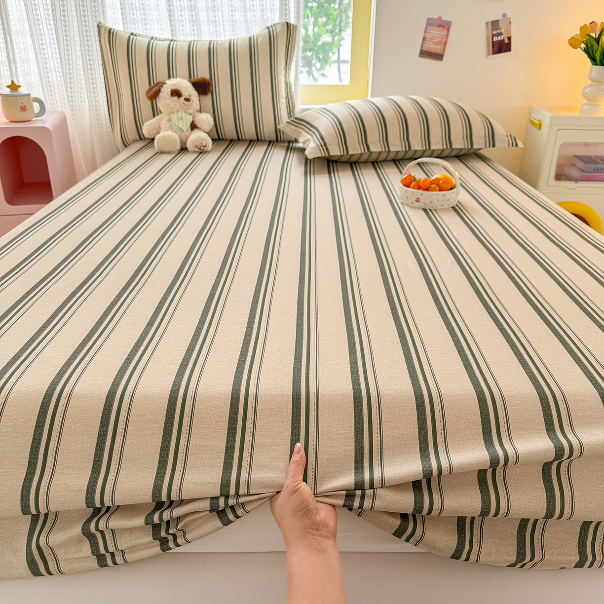 91家纺网 家纺一手货源 找家纺 壹贝家纺 2026新款全棉印花床笠系列 条纹