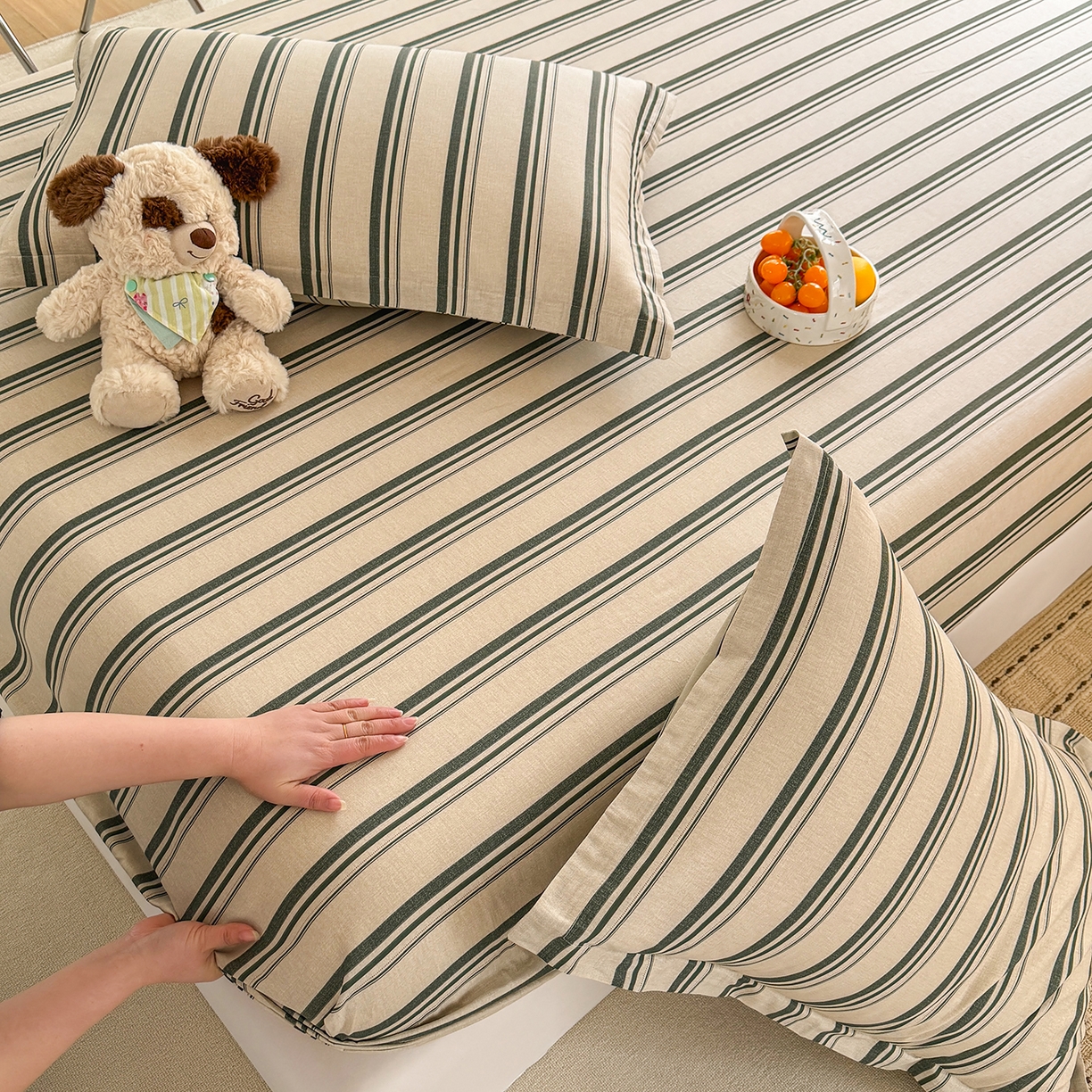 91家纺网 家纺一手货源 找家纺 壹贝家纺 2026新款全棉印花床笠系列 条纹