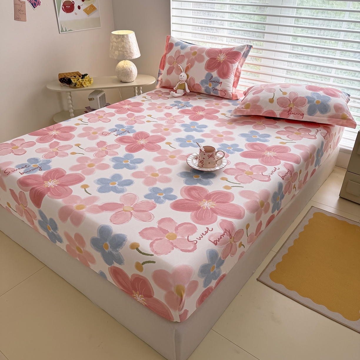 91家纺网 家纺一手货源 找家纺 壹贝家纺 2026新款全棉印花床笠系列 夕颜花开