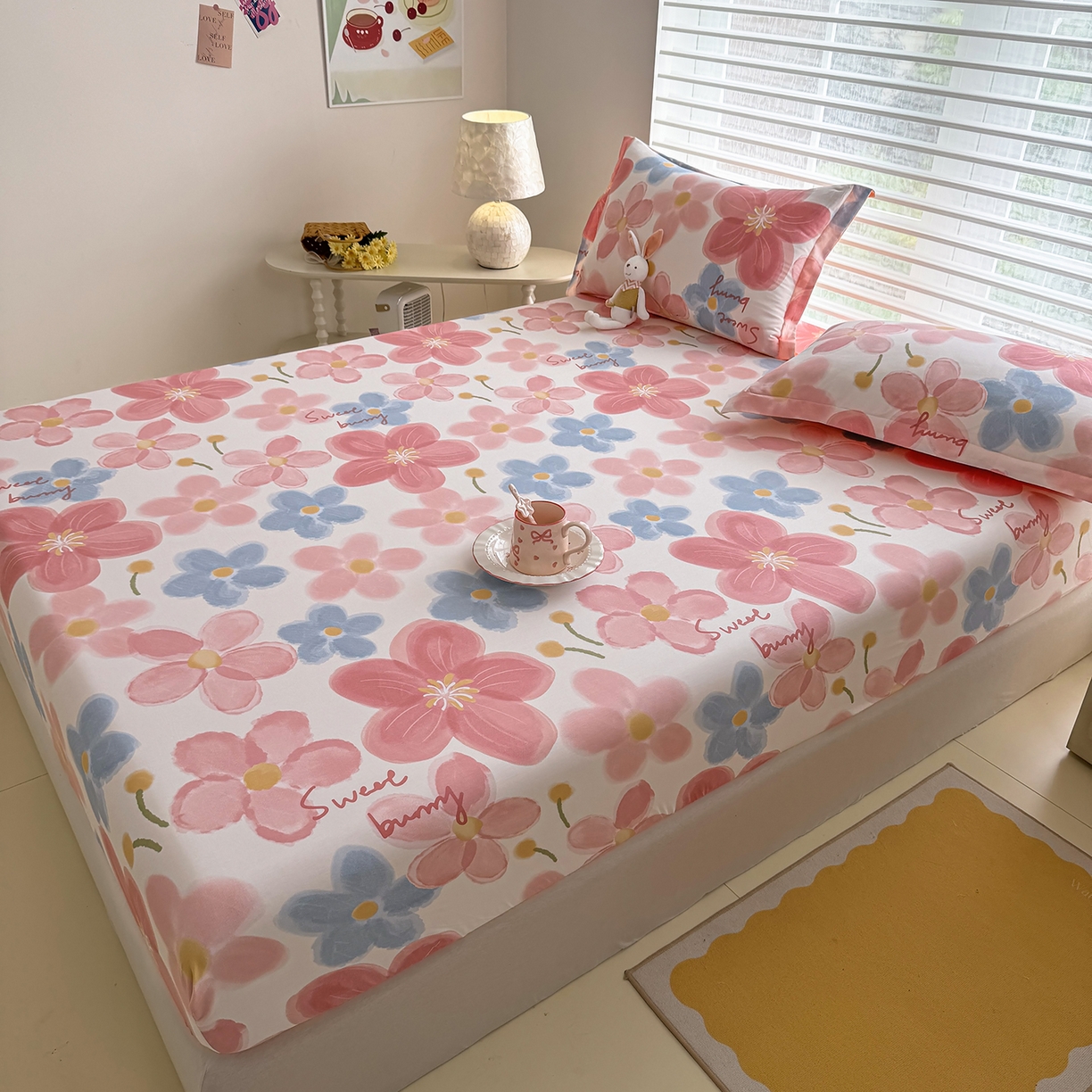 91家纺网 家纺一手货源 找家纺 壹贝家纺 2026新款全棉印花床笠系列 夕颜花开