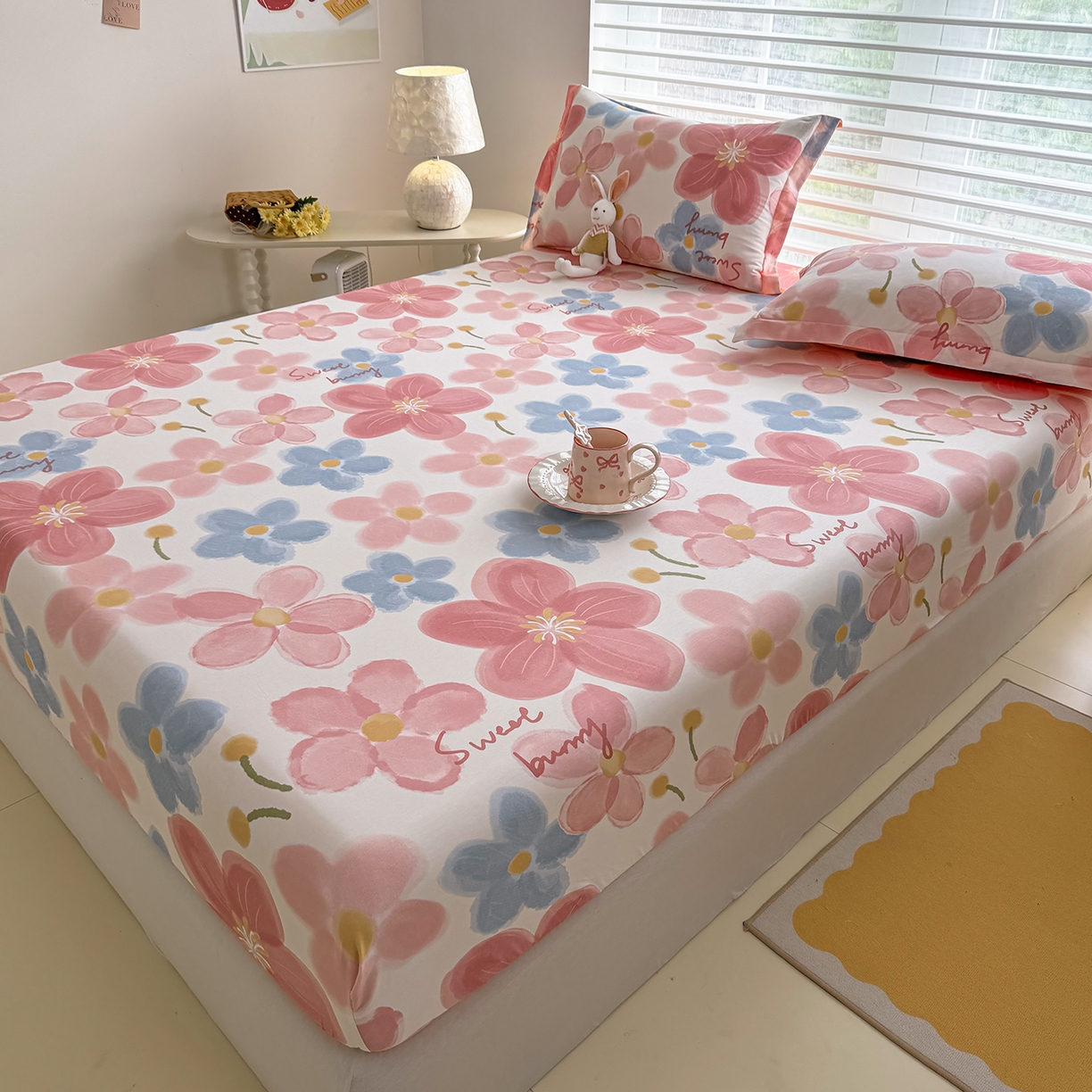 91家纺网 家纺一手货源 找家纺 壹贝家纺 2026新款全棉印花床笠系列 夕颜花开