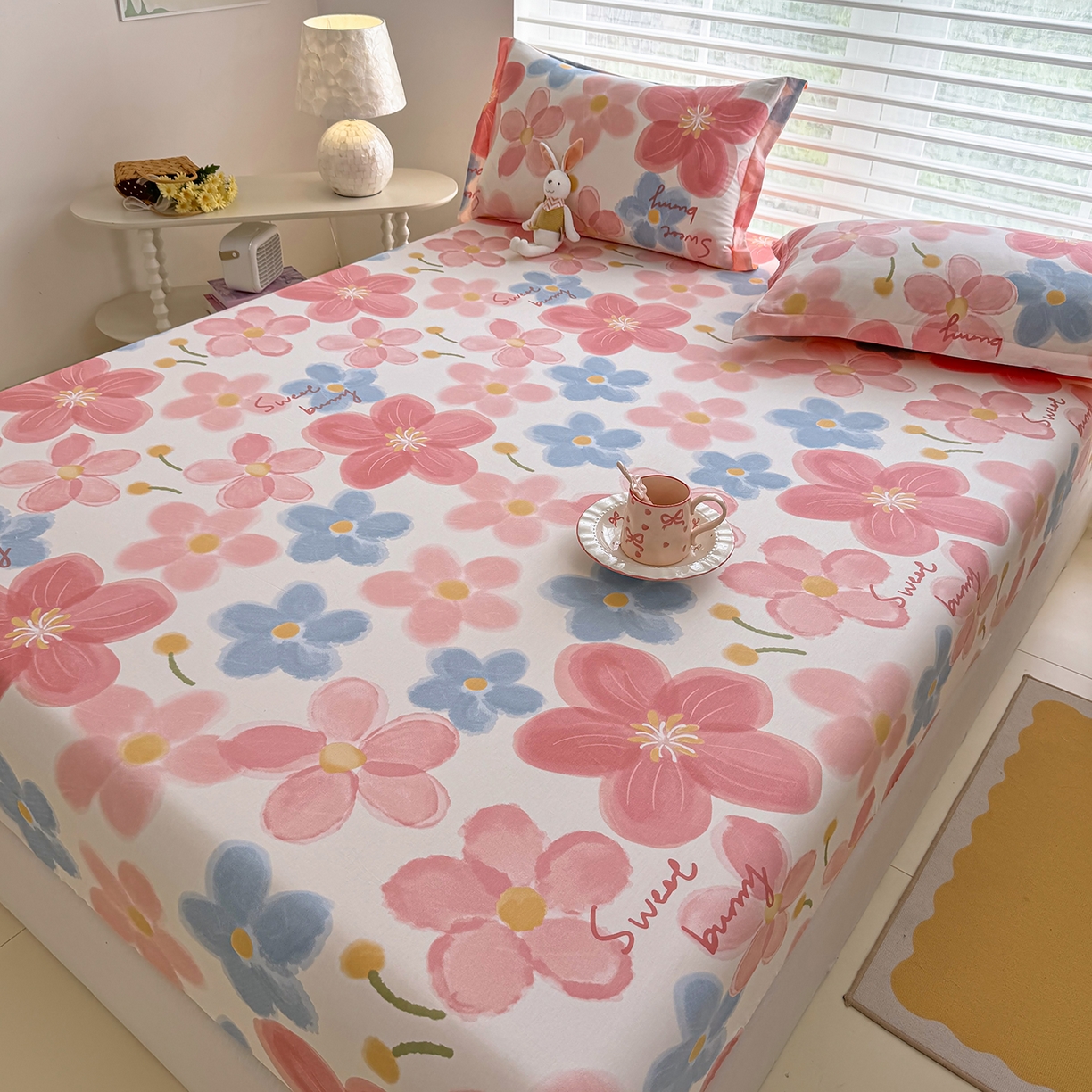 91家纺网 家纺一手货源 找家纺 壹贝家纺 2026新款全棉印花床笠系列 夕颜花开