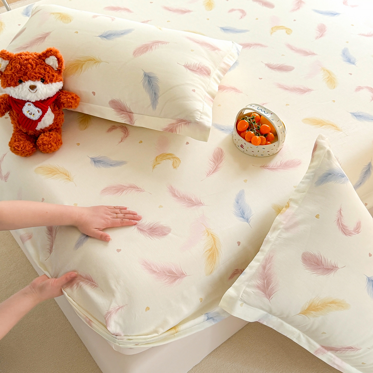 91家纺网 家纺一手货源 找家纺 壹贝家纺 2026新款全棉印花床笠系列 仙羽