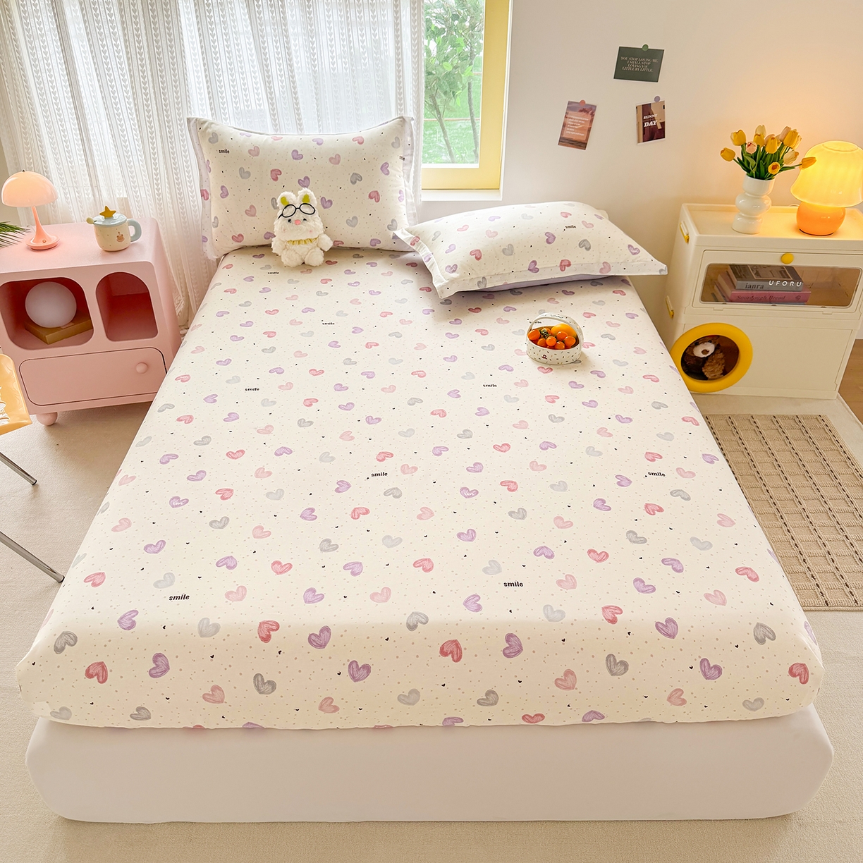 壹贝家纺 2026新款全棉印花床笠系列 心相印