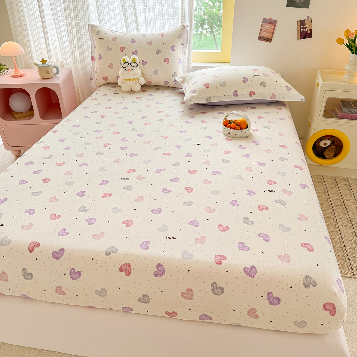 91家纺网 家纺一手货源 找家纺 壹贝家纺 2026新款全棉印花床笠系列 心相印