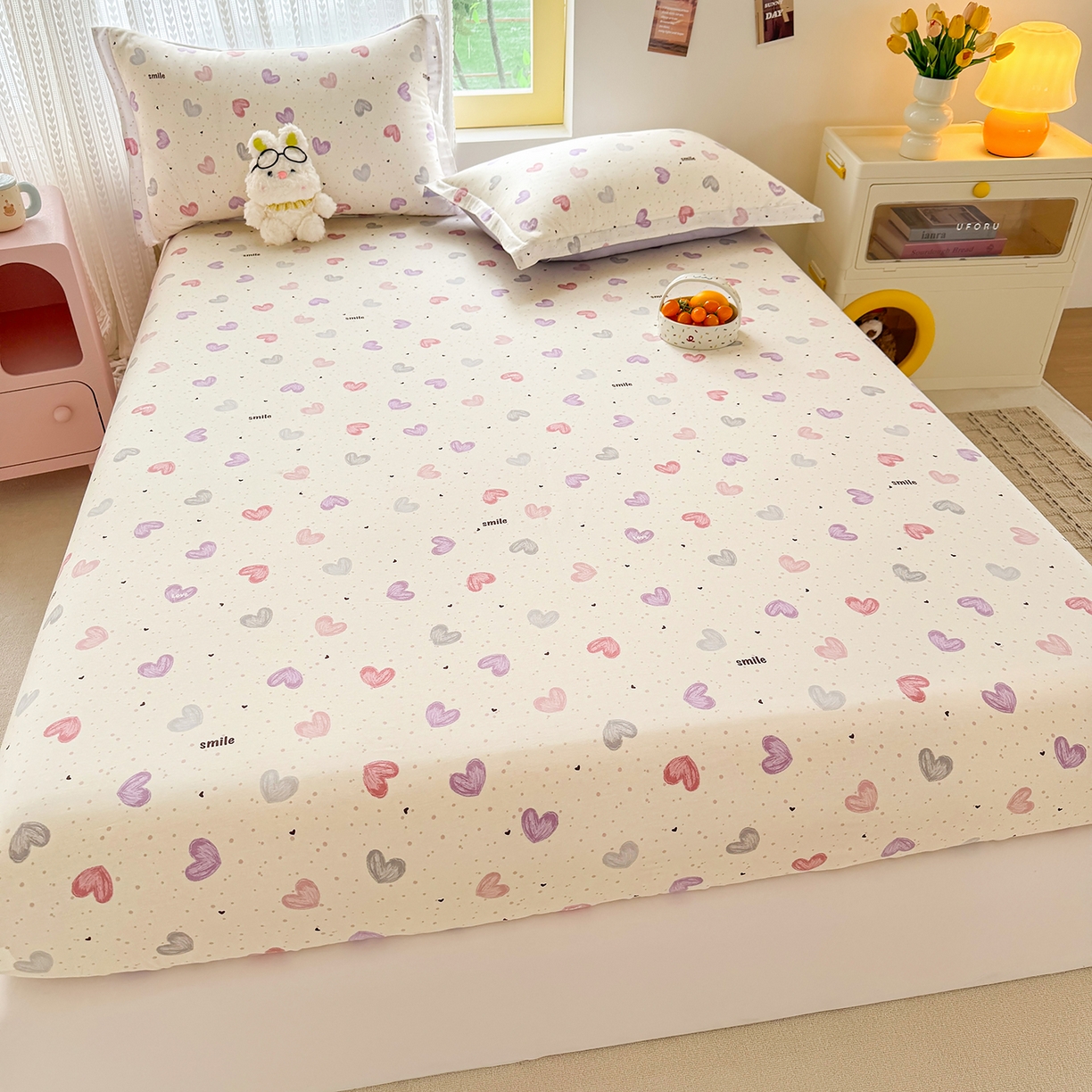 91家纺网 家纺一手货源 找家纺 壹贝家纺 2026新款全棉印花床笠系列 心相印