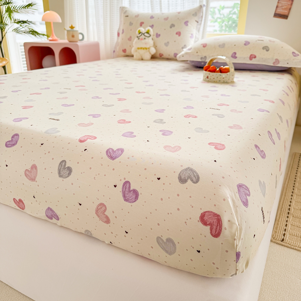 91家纺网 家纺一手货源 找家纺 壹贝家纺 2026新款全棉印花床笠系列 心相印