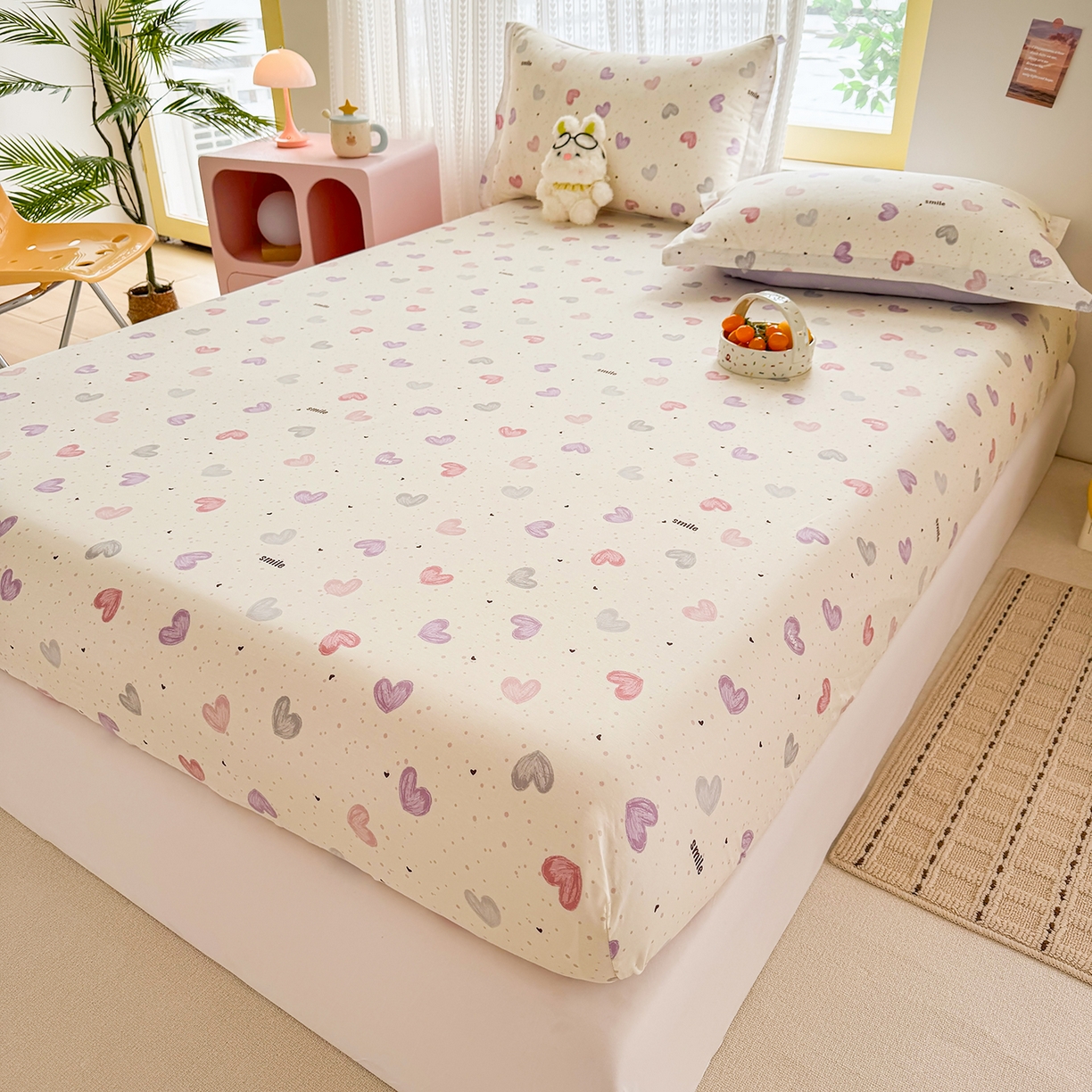 91家纺网 家纺一手货源 找家纺 壹贝家纺 2026新款全棉印花床笠系列 心相印