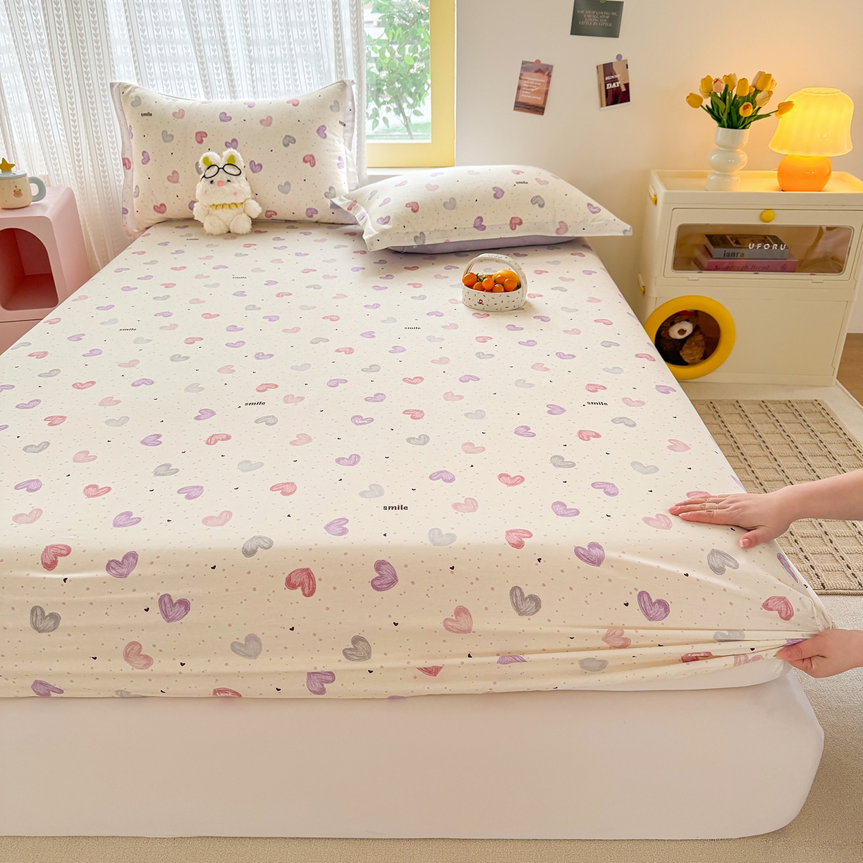 91家纺网 家纺一手货源 找家纺 壹贝家纺 2026新款全棉印花床笠系列 心相印