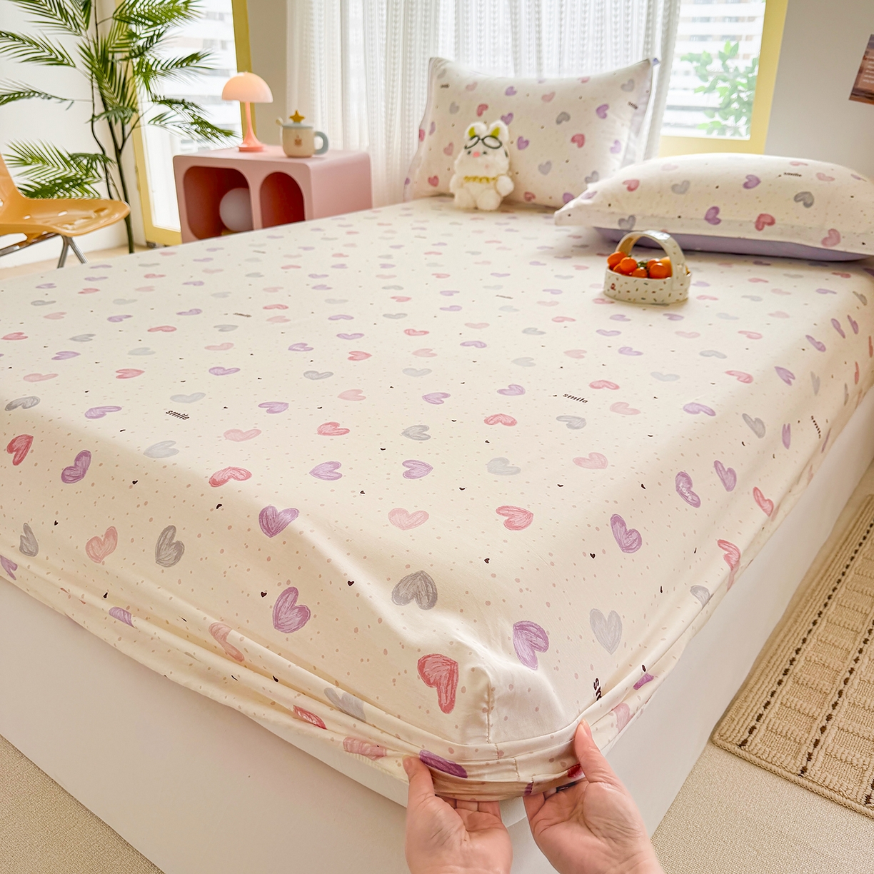 91家纺网 家纺一手货源 找家纺 壹贝家纺 2026新款全棉印花床笠系列 心相印