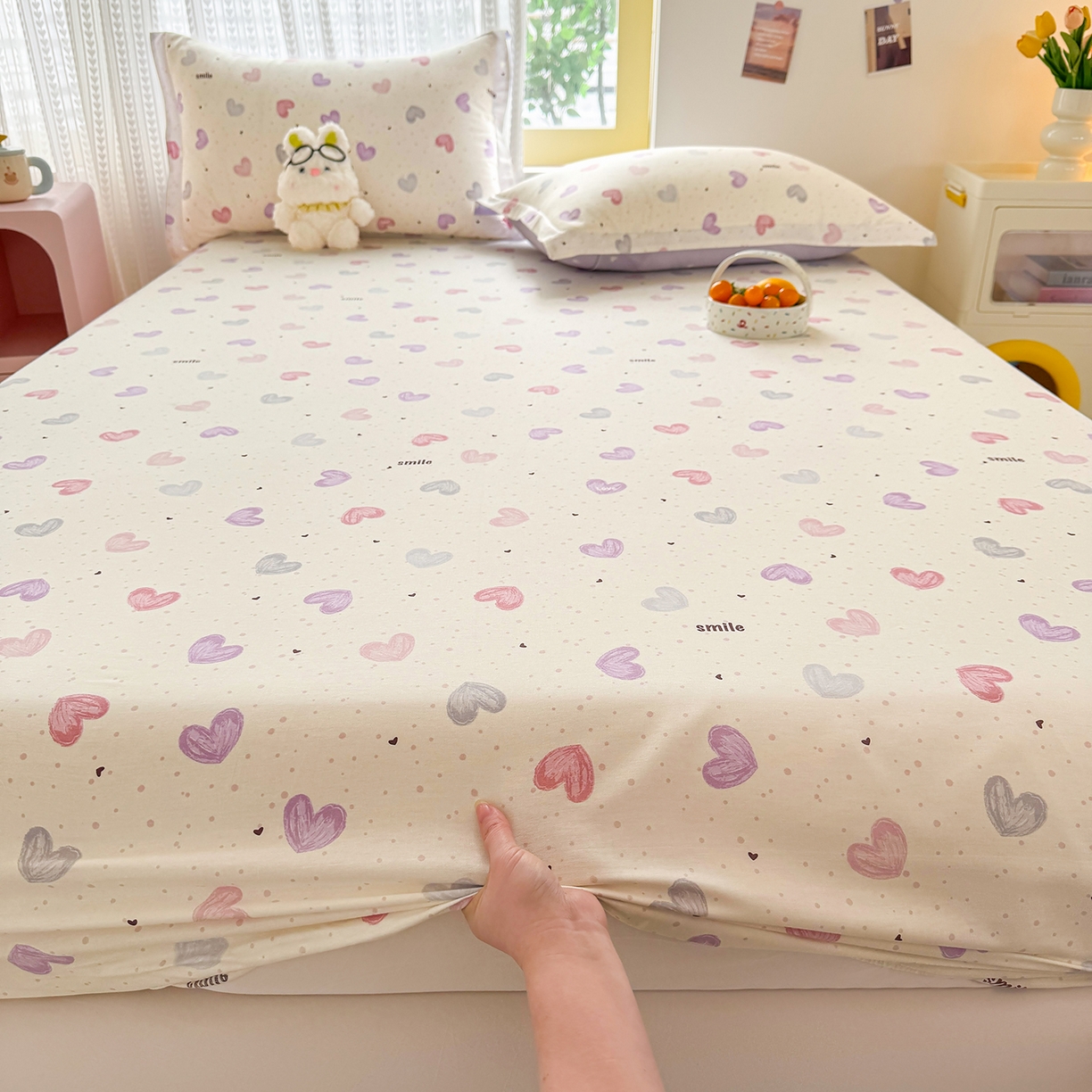 91家纺网 家纺一手货源 找家纺 壹贝家纺 2026新款全棉印花床笠系列 心相印