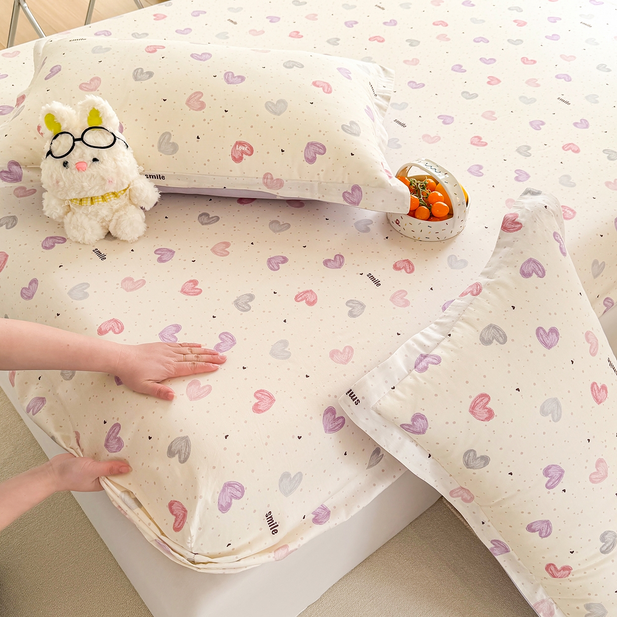 91家纺网 家纺一手货源 找家纺 壹贝家纺 2026新款全棉印花床笠系列 心相印