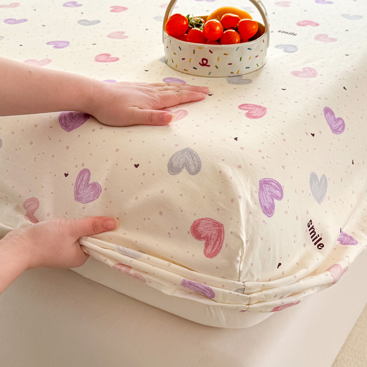 91家纺网 家纺一手货源 找家纺 壹贝家纺 2026新款全棉印花床笠系列 心相印