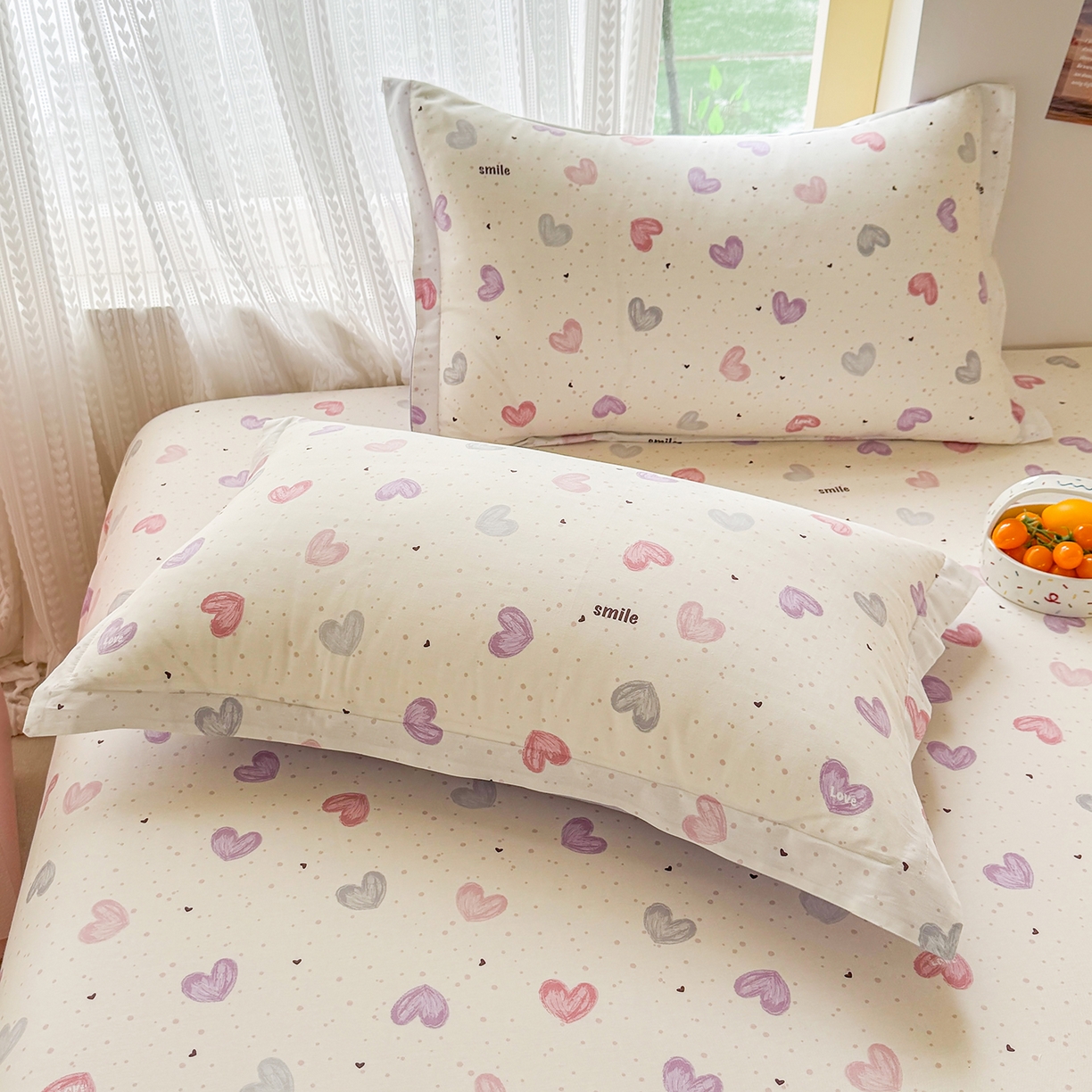 91家纺网 家纺一手货源 找家纺 壹贝家纺 2026新款全棉印花床笠系列 心相印