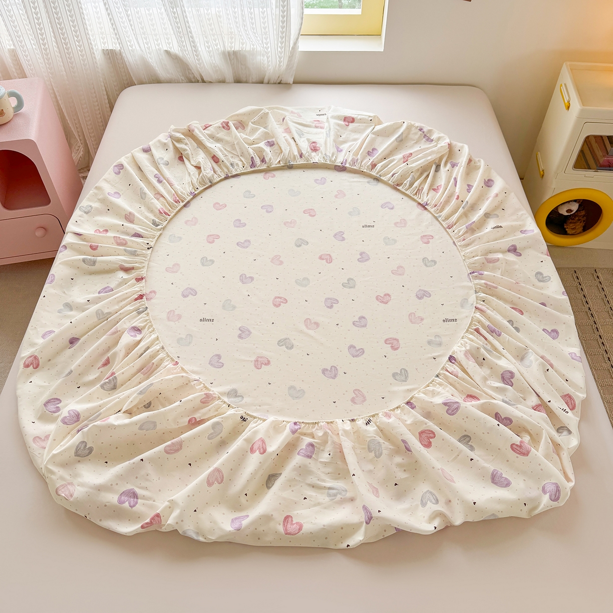 91家纺网 家纺一手货源 找家纺 壹贝家纺 2026新款全棉印花床笠系列 心相印