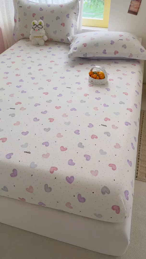 91家纺网 家纺一手货源 找家纺 壹贝家纺 2026新款全棉印花床笠系列 心相印