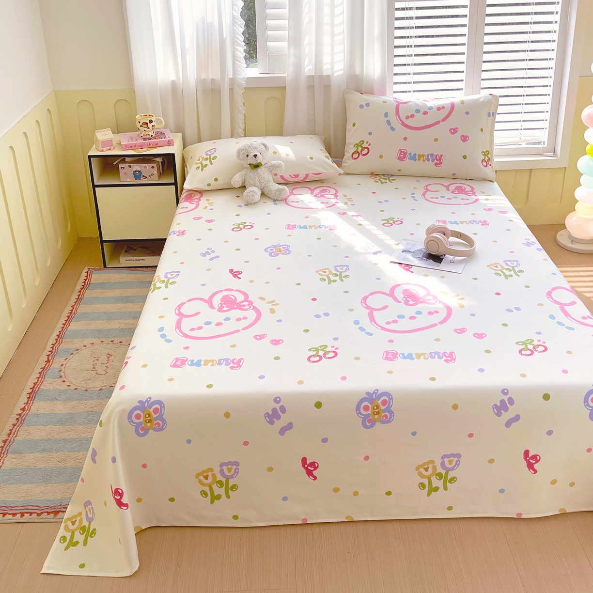 91家纺网 家纺一手货源 找家纺 金鑫汇家纺 2026新款全棉老粗布单品床单系列 奇趣小兔