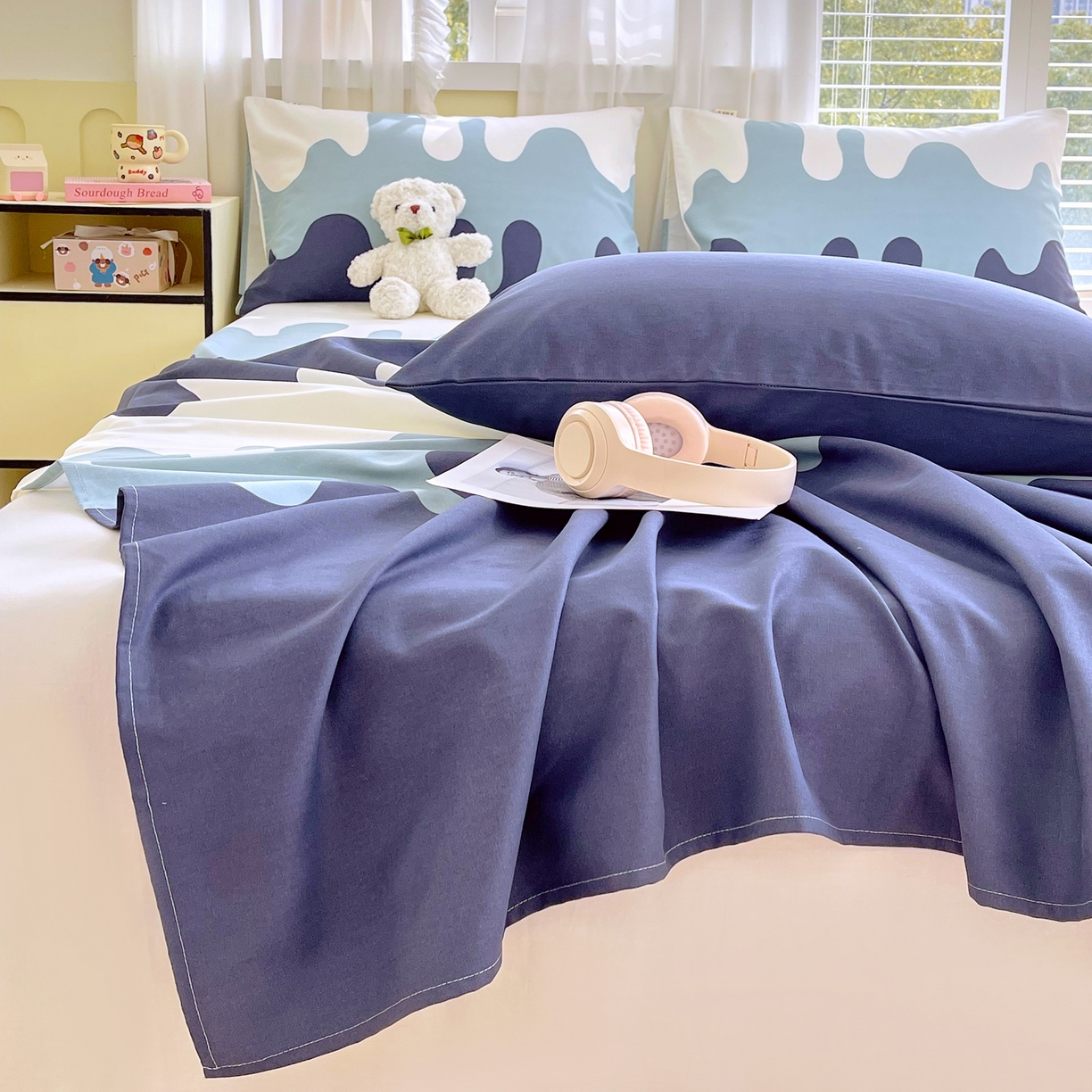 91家纺网 家纺一手货源 找家纺 金鑫汇家纺 2026新款全棉老粗布单品床单系列 奶油蓝