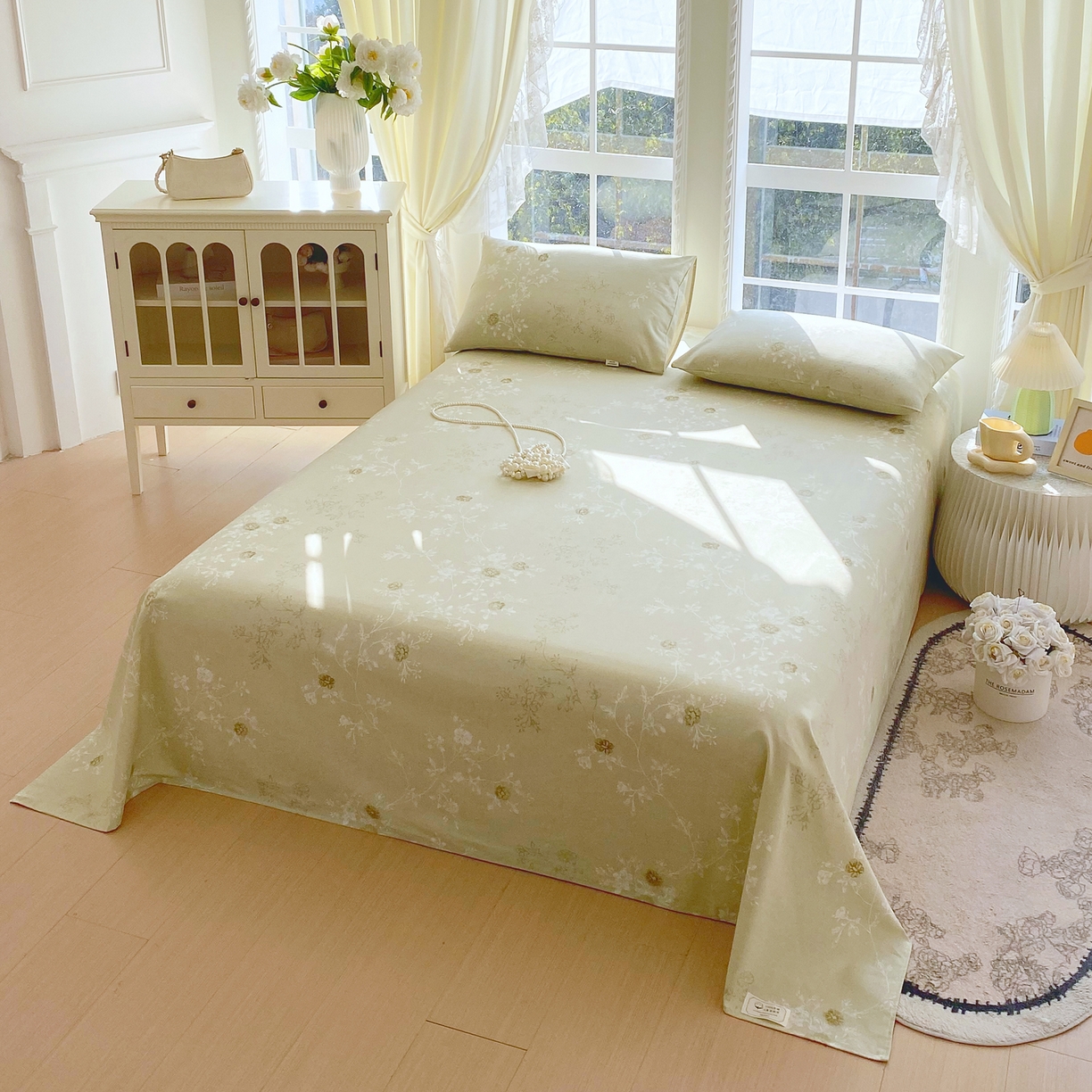 91家纺网 家纺一手货源 找家纺 金鑫汇家纺 2026新款全棉老粗布单品床单系列 浅绿可露丽