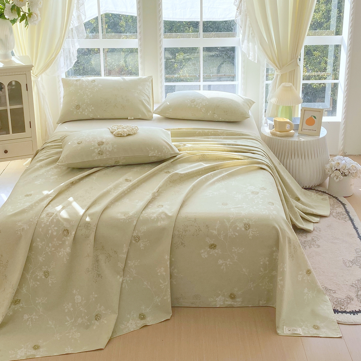 91家纺网 家纺一手货源 找家纺 金鑫汇家纺 2026新款全棉老粗布单品床单系列 浅绿可露丽