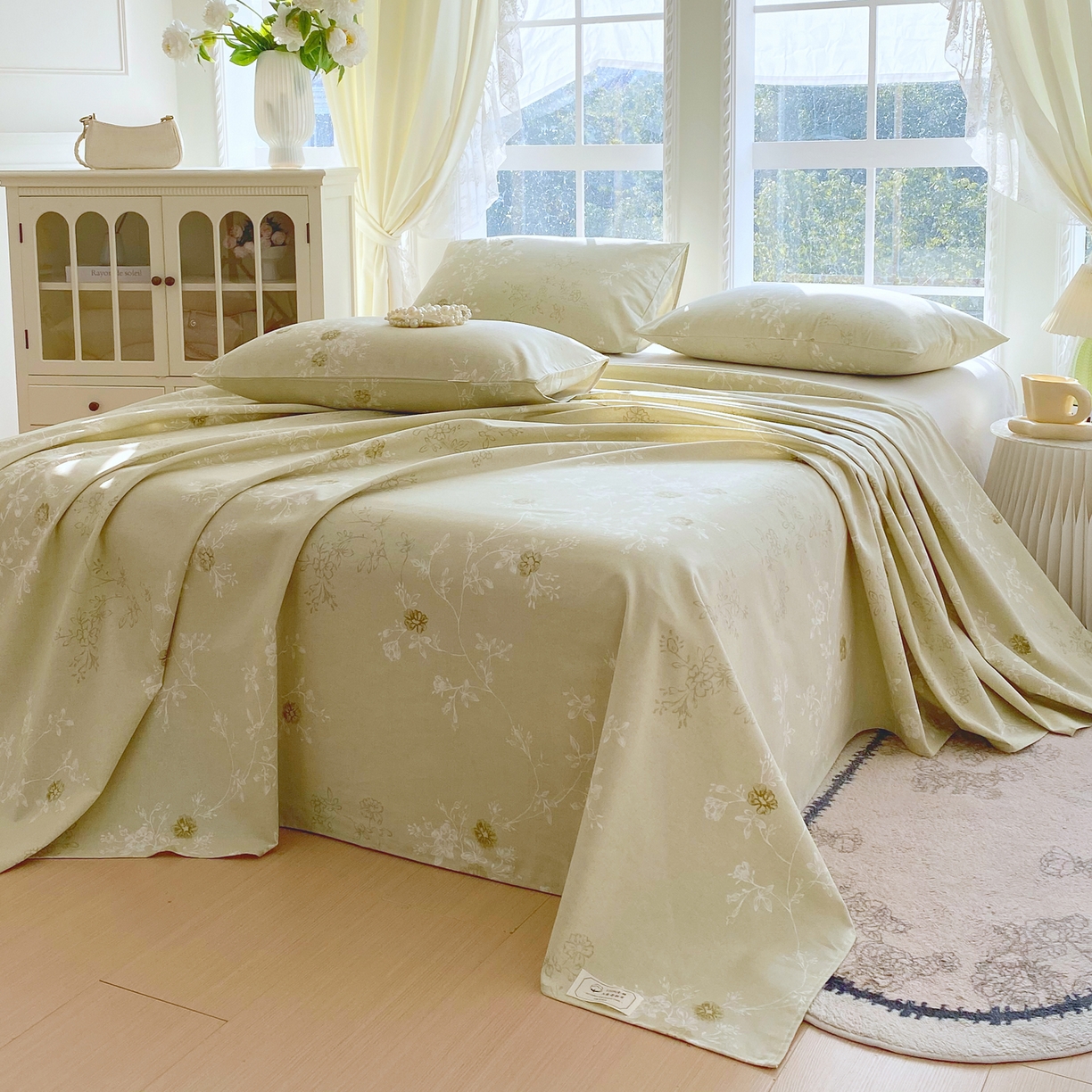 91家纺网 家纺一手货源 找家纺 金鑫汇家纺 2026新款全棉老粗布单品床单系列 浅绿可露丽