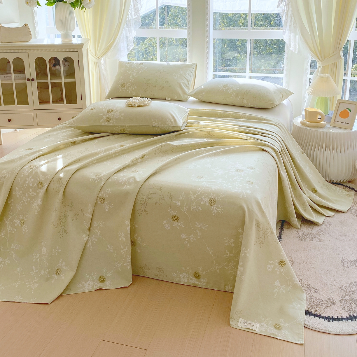 91家纺网 家纺一手货源 找家纺 金鑫汇家纺 2026新款全棉老粗布单品床单系列 浅绿可露丽