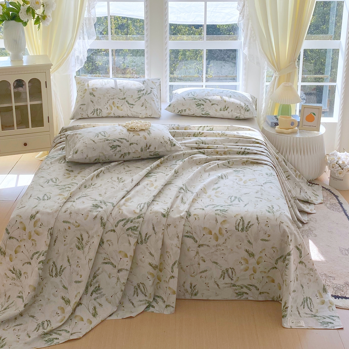 91家纺网 家纺一手货源 找家纺 金鑫汇家纺 2026新款全棉老粗布单品床单系列 月下花影-绿