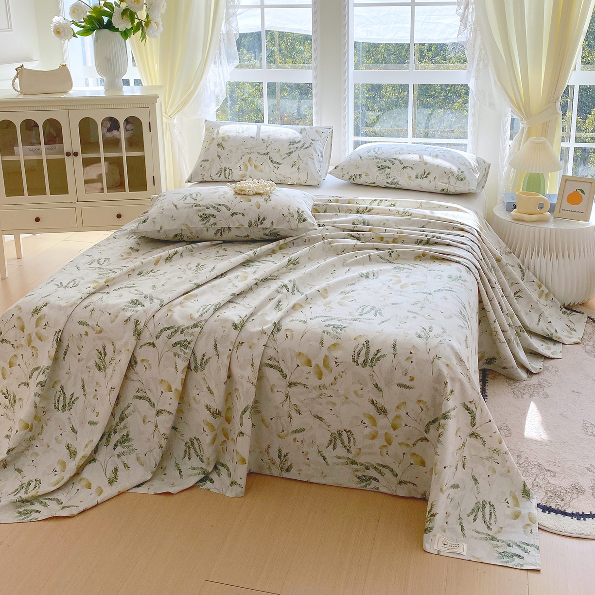 91家纺网 家纺一手货源 找家纺 金鑫汇家纺 2026新款全棉老粗布单品床单系列 月下花影-绿