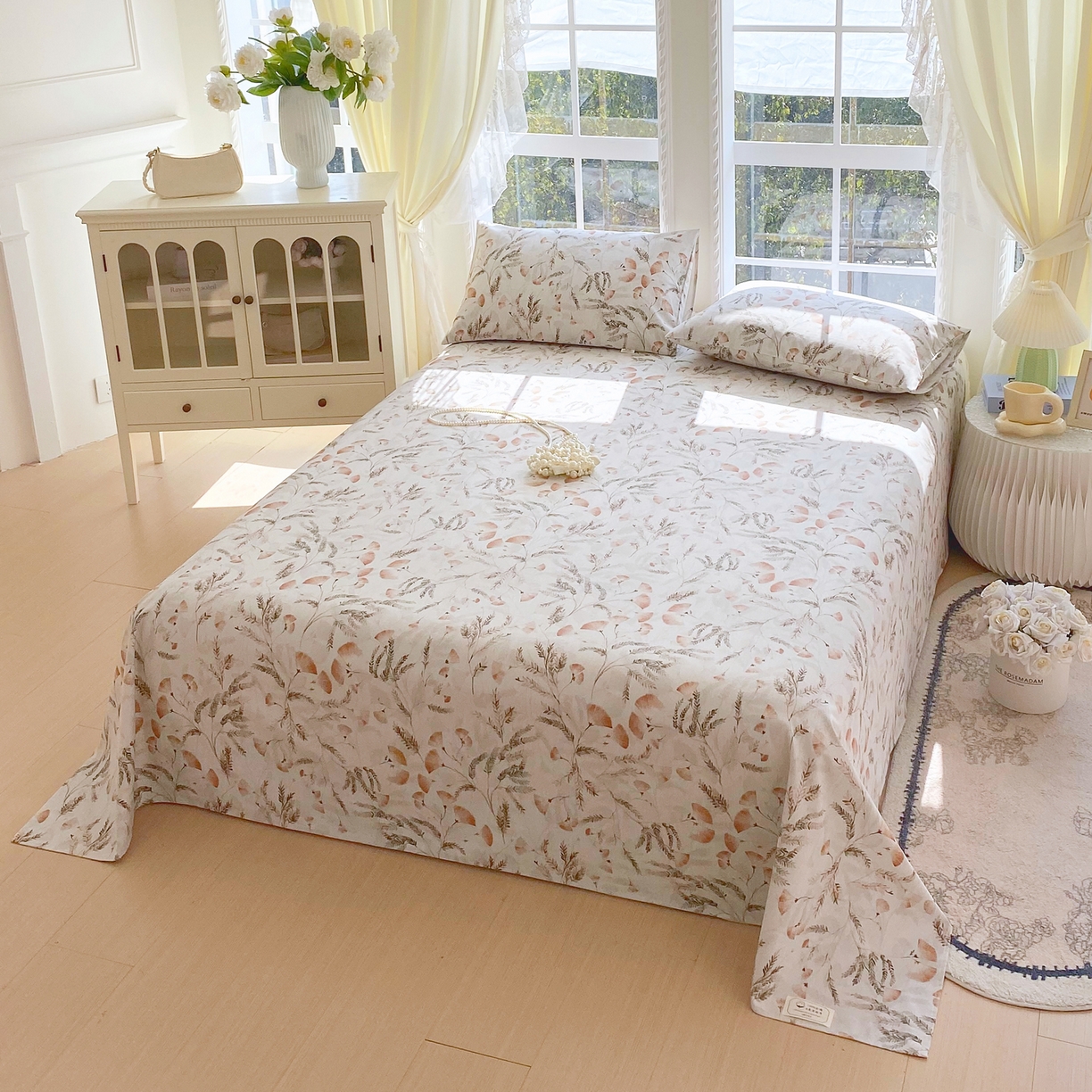 91家纺网 家纺一手货源 找家纺 金鑫汇家纺 2026新款全棉老粗布单品床单系列 月下花影-桔