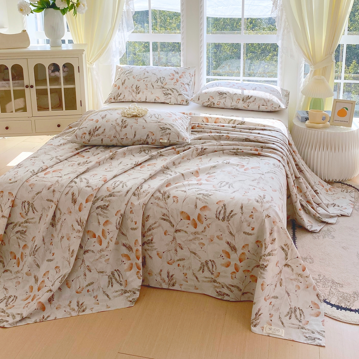 91家纺网 家纺一手货源 找家纺 金鑫汇家纺 2026新款全棉老粗布单品床单系列 月下花影-桔