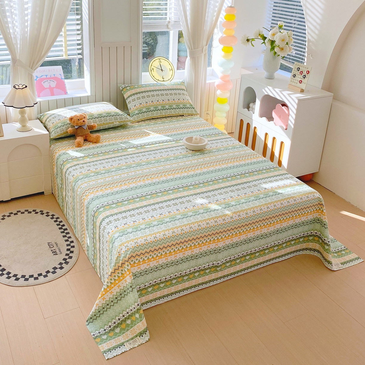 91家纺网 家纺一手货源 找家纺 金鑫汇家纺 2026新款全棉老粗布单品床单系列 星辰-绿