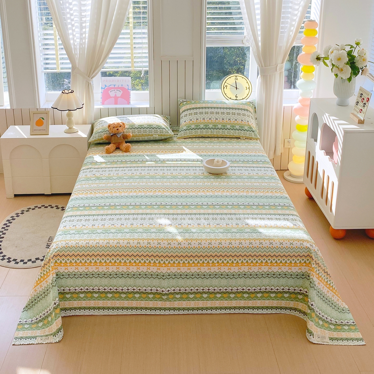 91家纺网 家纺一手货源 找家纺 金鑫汇家纺 2026新款全棉老粗布单品床单系列 星辰-绿