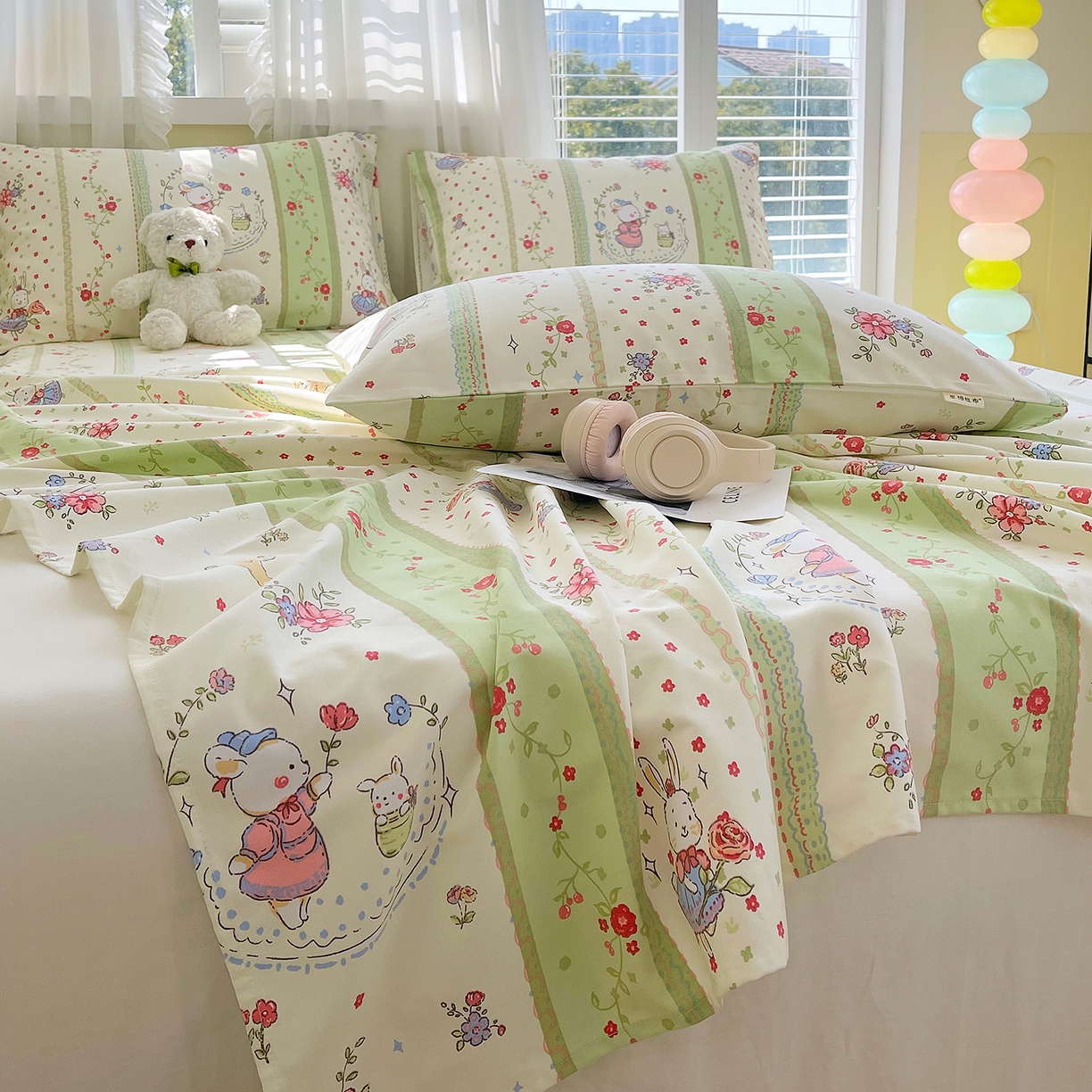 91家纺网 家纺一手货源 找家纺 金鑫汇家纺 2026新款全棉老粗布单品床单系列 快乐萌兔-绿