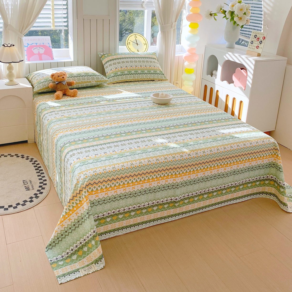 91家纺网 家纺一手货源 找家纺 金鑫汇家纺 2026新款全棉老粗布单品床单系列 星辰-绿