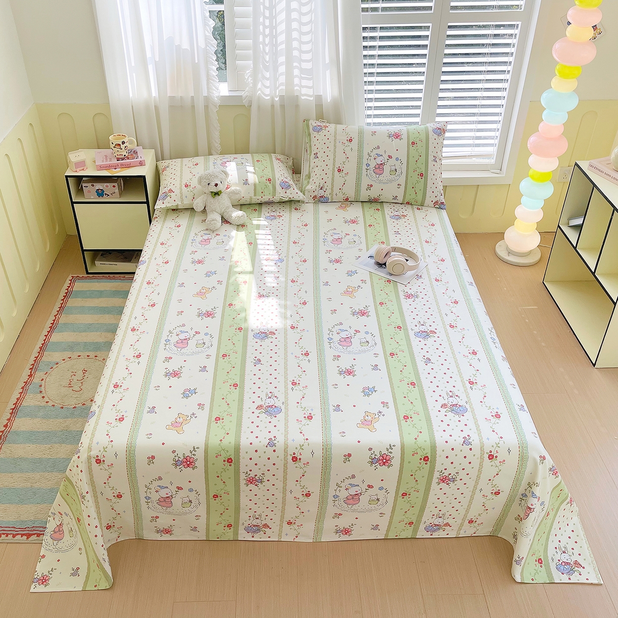 91家纺网 家纺一手货源 找家纺 金鑫汇家纺 2026新款全棉老粗布单品床单系列 快乐萌兔-绿