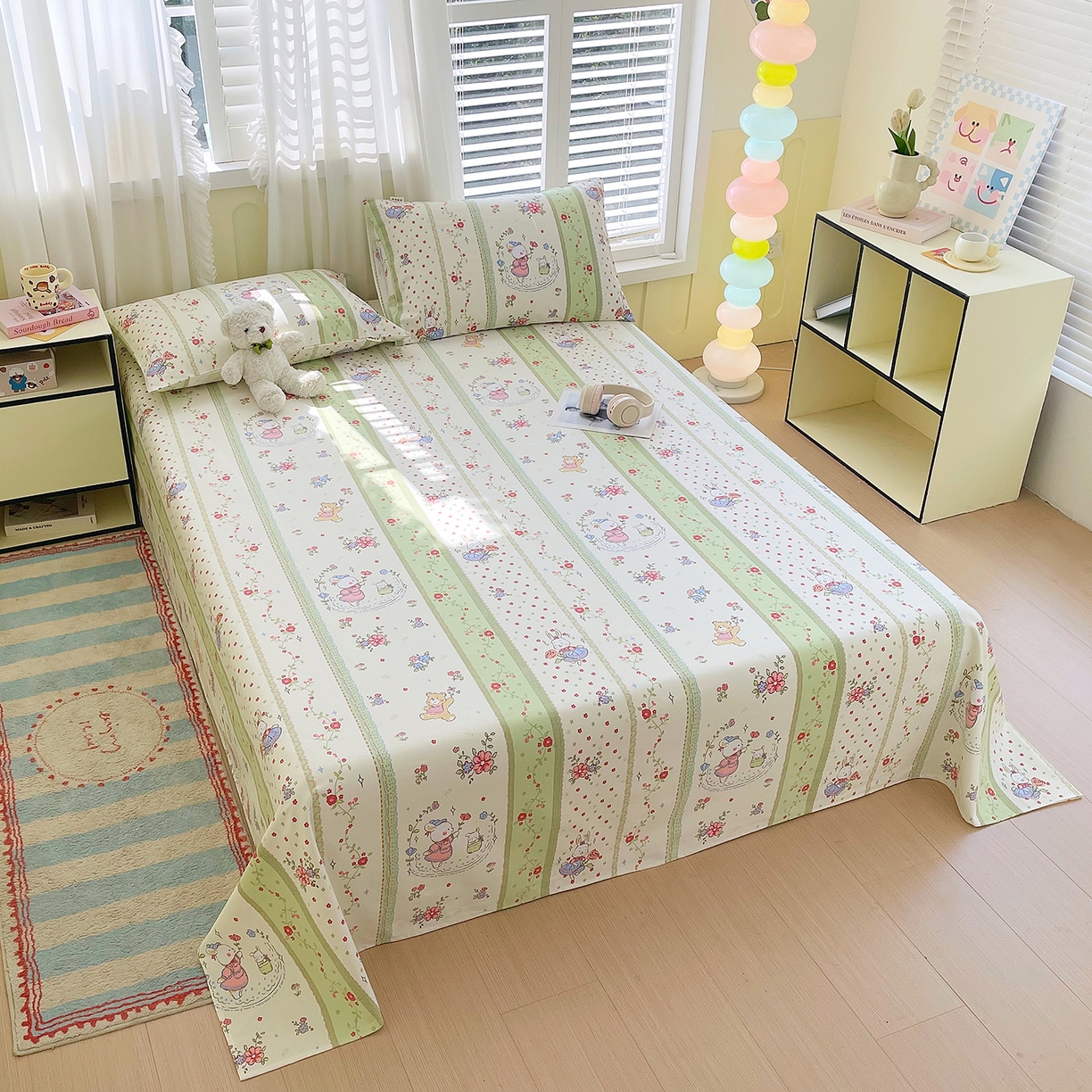 91家纺网 家纺一手货源 找家纺 金鑫汇家纺 2026新款全棉老粗布单品床单系列 快乐萌兔-绿