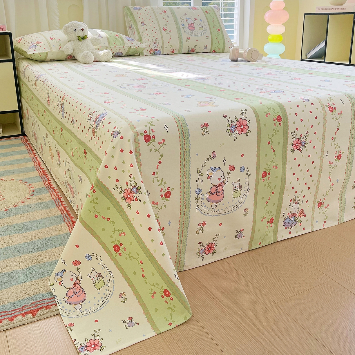 91家纺网 家纺一手货源 找家纺 金鑫汇家纺 2026新款全棉老粗布单品床单系列 快乐萌兔-绿