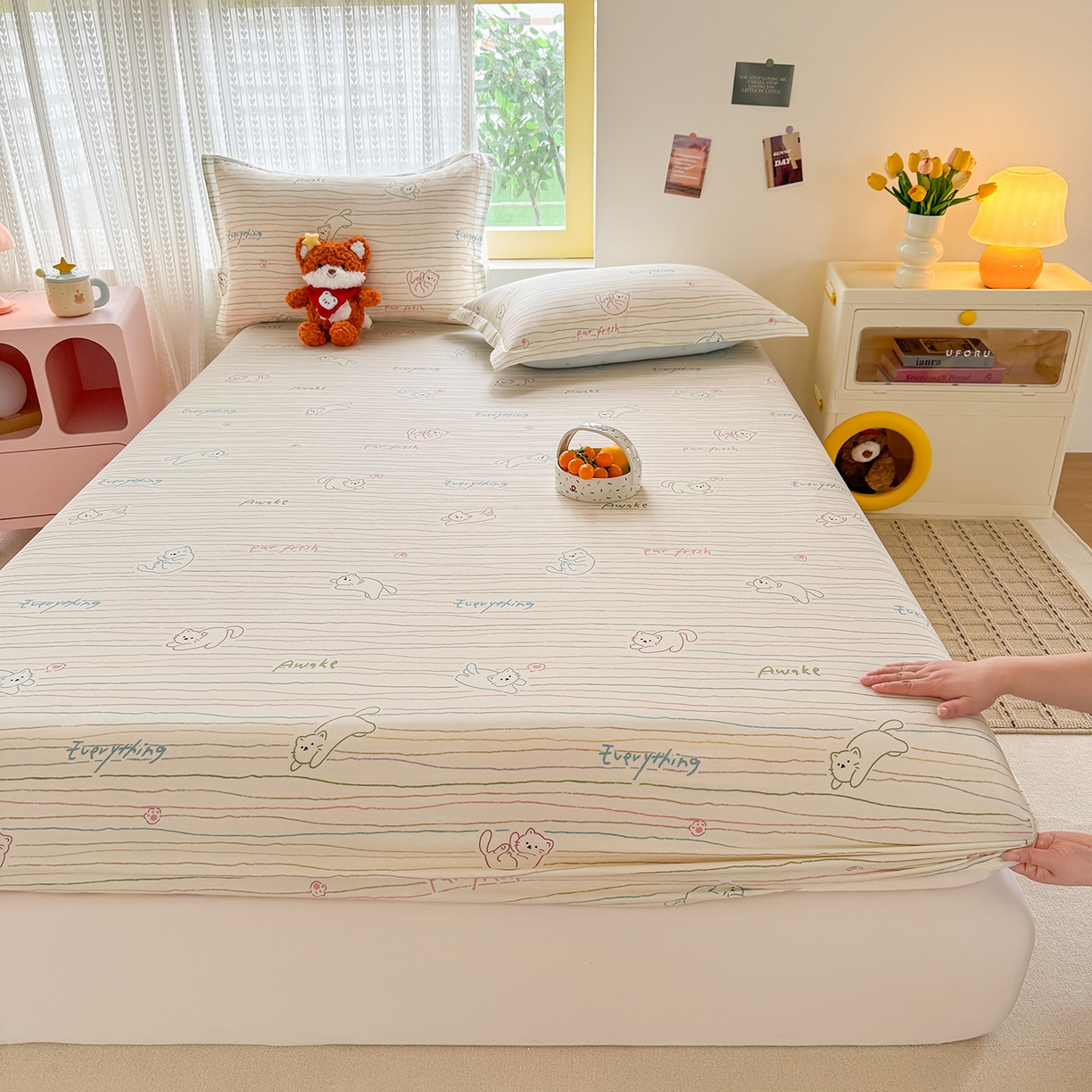 91家纺网 家纺一手货源 找家纺 壹贝家纺 2026新款全棉印花床笠系列 招财猫