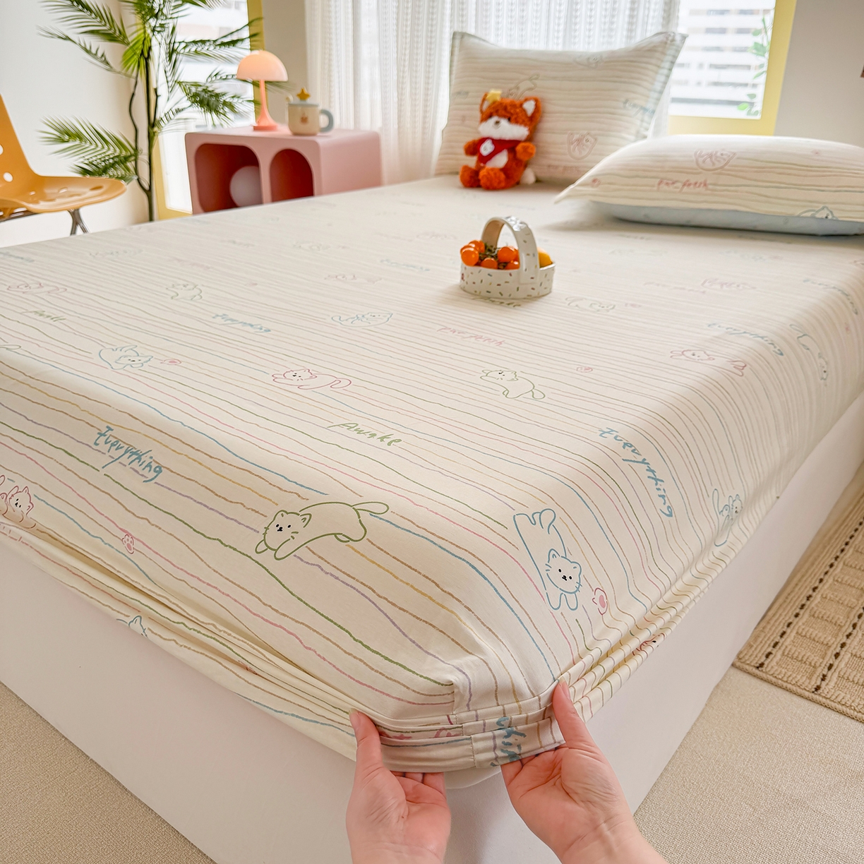 91家纺网 家纺一手货源 找家纺 壹贝家纺 2026新款全棉印花床笠系列 招财猫