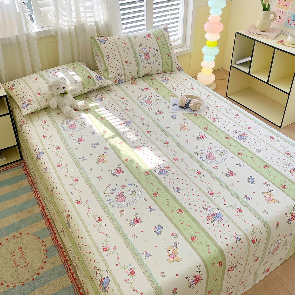 91家纺网 家纺一手货源 找家纺 金鑫汇家纺 2026新款全棉老粗布单品床单系列 快乐萌兔-绿