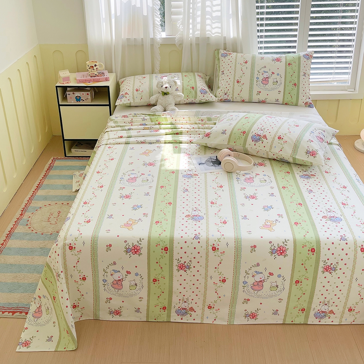 91家纺网 家纺一手货源 找家纺 金鑫汇家纺 2026新款全棉老粗布单品床单系列 快乐萌兔-绿