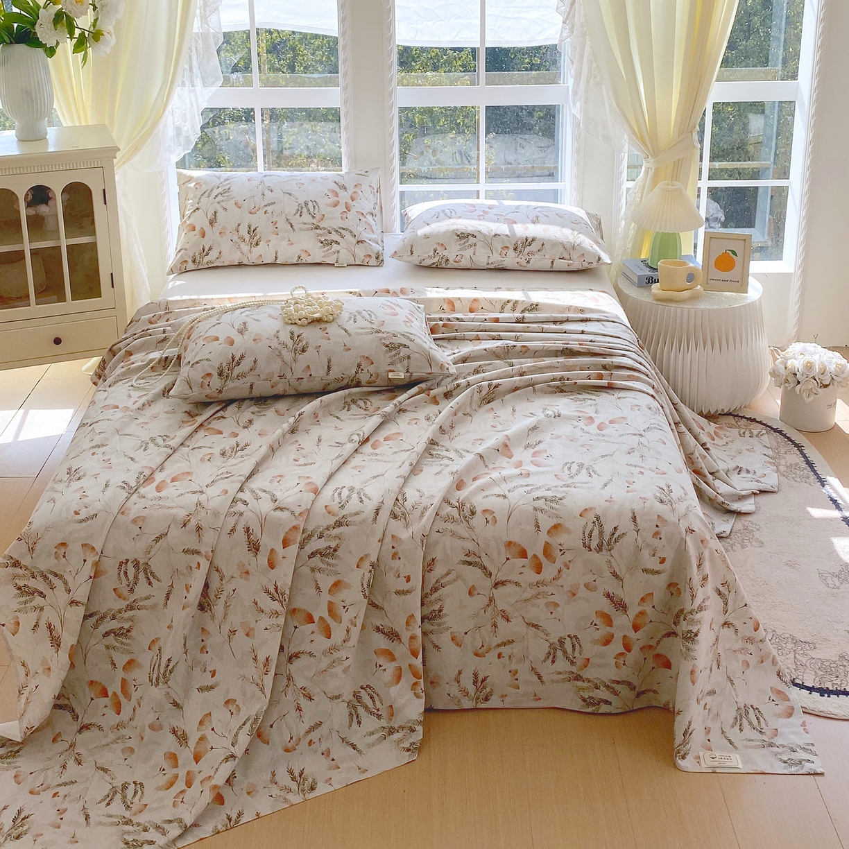 91家纺网 家纺一手货源 找家纺 金鑫汇家纺 2026新款全棉老粗布单品床单系列 月下花影-桔