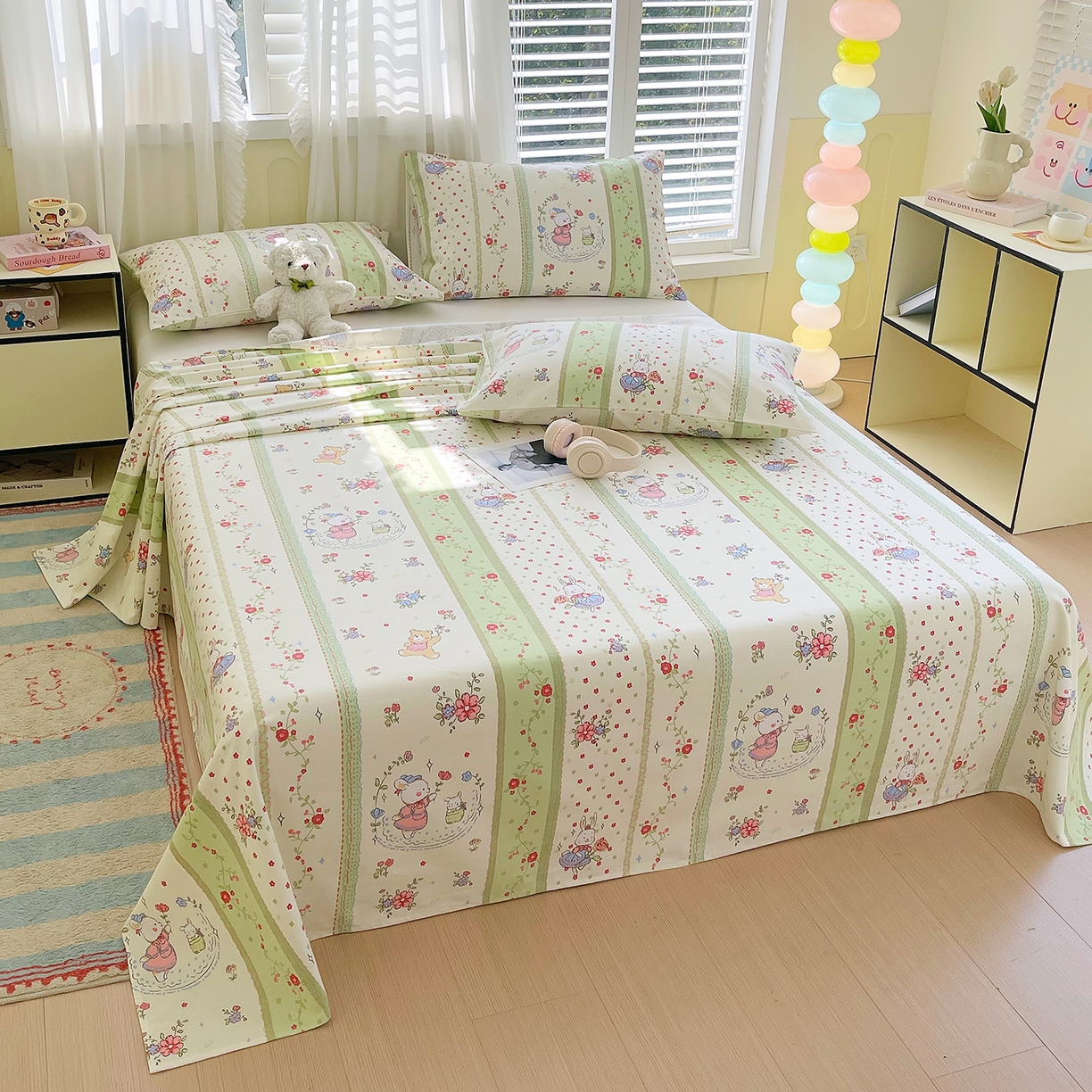 91家纺网 家纺一手货源 找家纺 金鑫汇家纺 2026新款全棉老粗布单品床单系列 快乐萌兔-绿