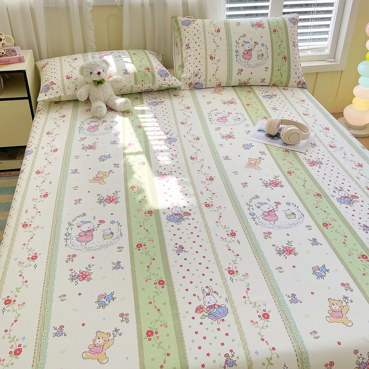 91家纺网 家纺一手货源 找家纺 金鑫汇家纺 2026新款全棉老粗布单品床单系列 快乐萌兔-绿