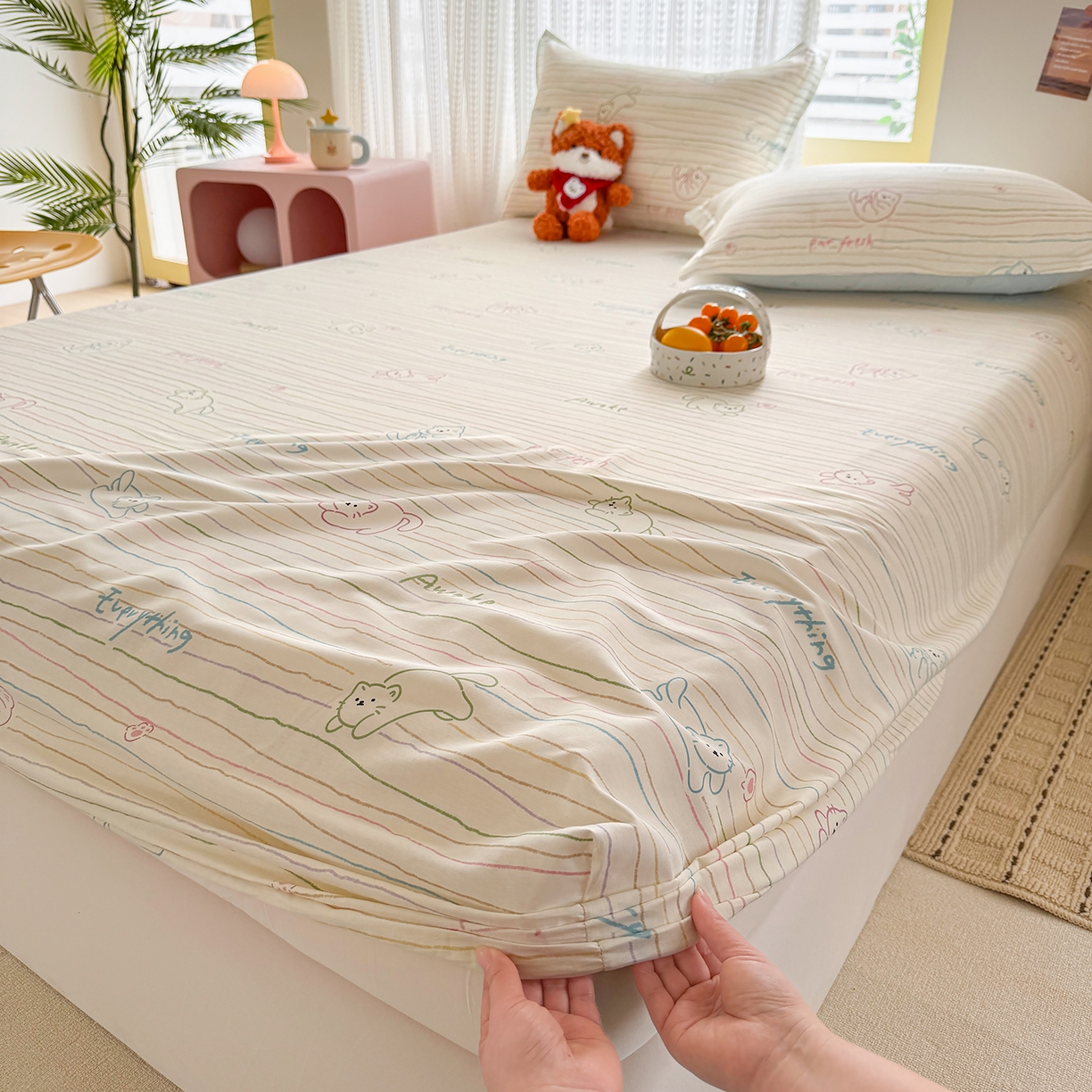 91家纺网 家纺一手货源 找家纺 壹贝家纺 2026新款全棉印花床笠系列 招财猫