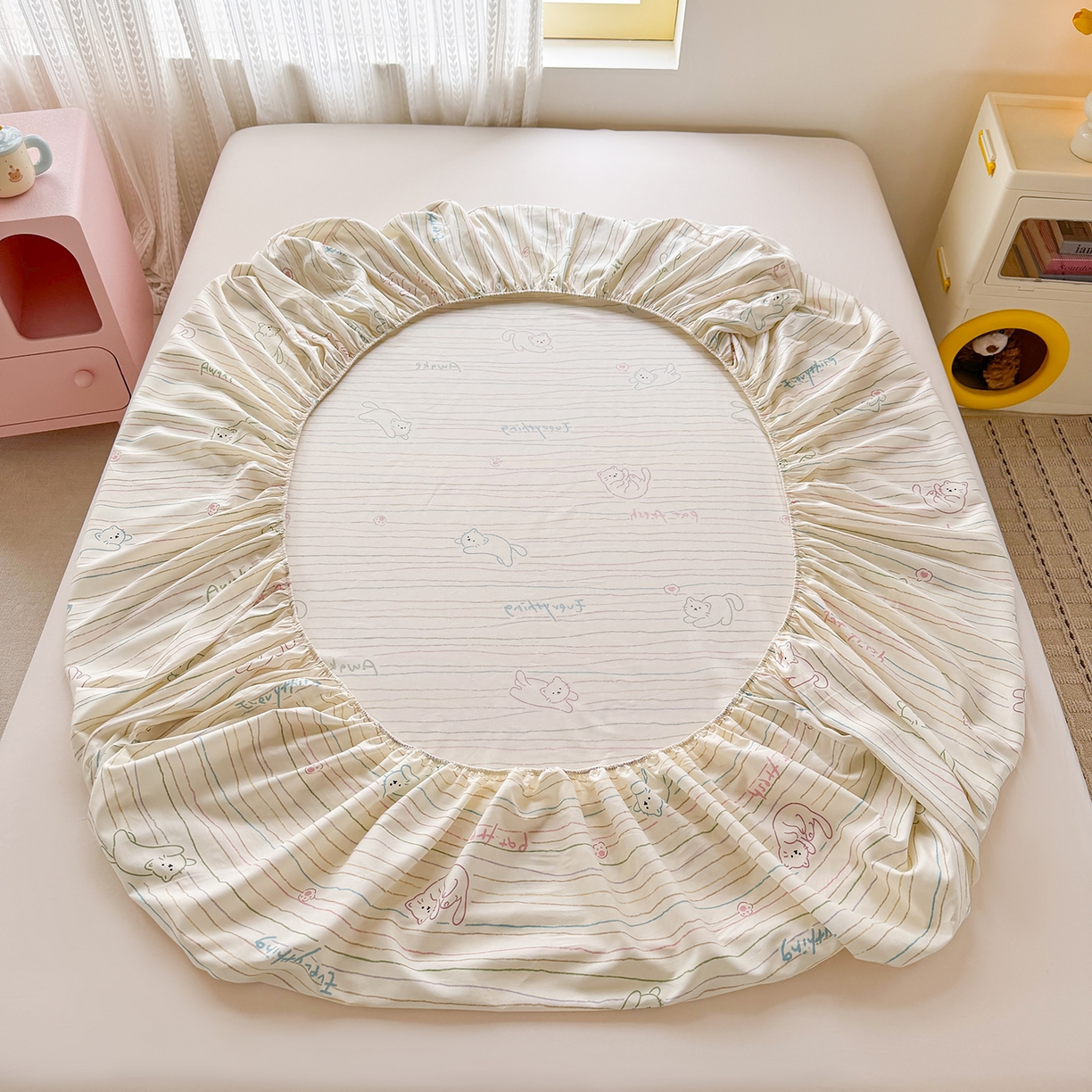 91家纺网 家纺一手货源 找家纺 壹贝家纺 2026新款全棉印花床笠系列 招财猫