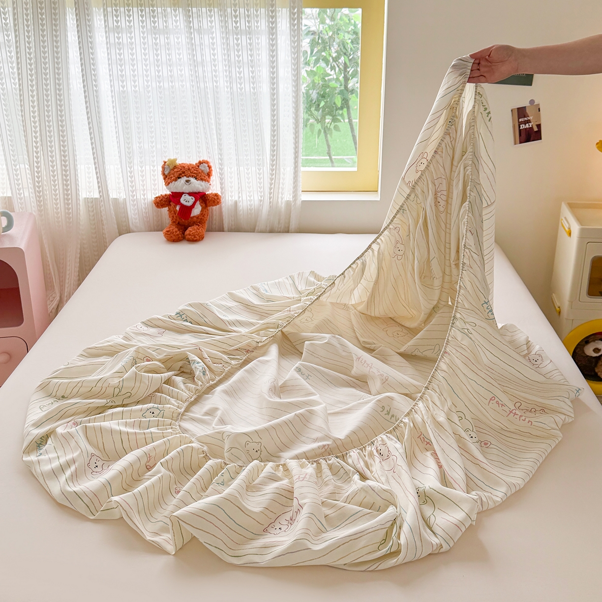 91家纺网 家纺一手货源 找家纺 壹贝家纺 2026新款全棉印花床笠系列 招财猫