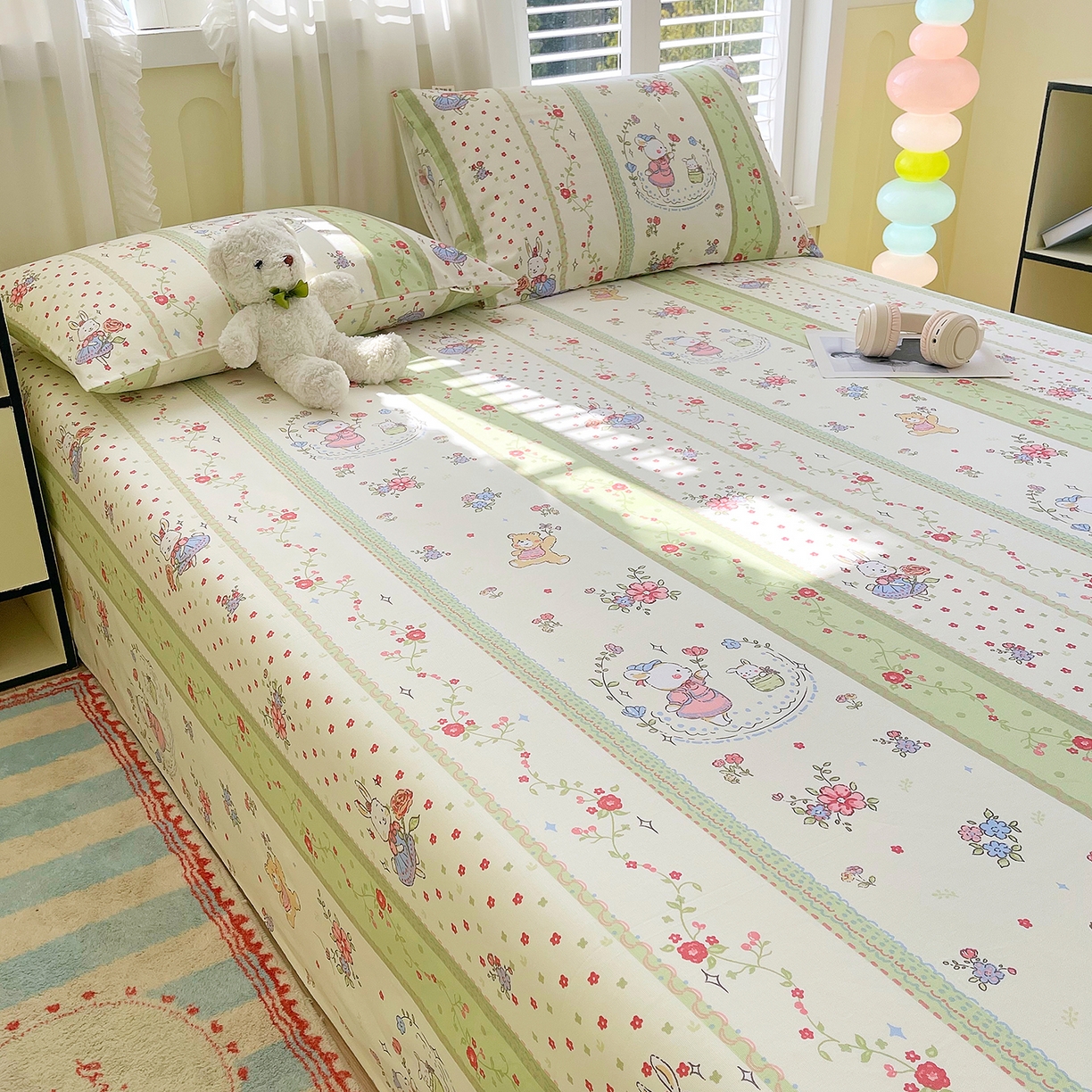 91家纺网 家纺一手货源 找家纺 金鑫汇家纺 2026新款全棉老粗布单品床单系列 快乐萌兔-绿